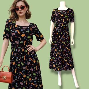 Vtg 90s Coldwater Creek Shoe Purse Print Dress Size S/M Black Whimsical Novelty